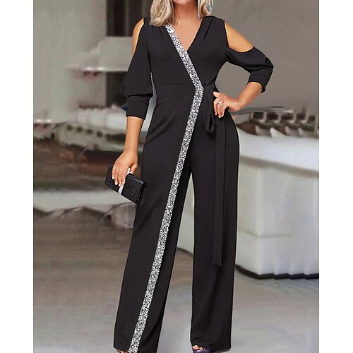 

Women's Jumpsuit Solid Color V Neck Elegant Party Holiday Straight Regular Fit 3/4 Length Sleeve Black S M L Winter