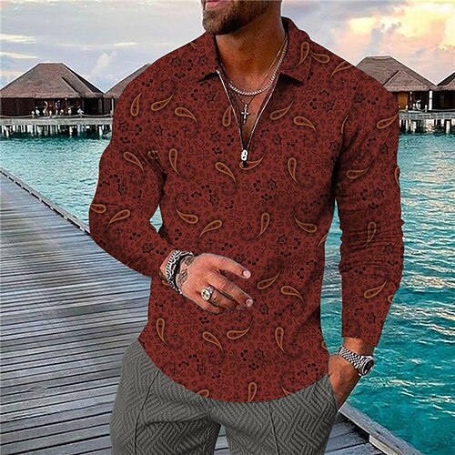 

Men's Polo Shirt Golf Shirt Graphic Prints Cashew nuts Turndown Wine Gray 3D Print Outdoor Street Long Sleeve Zipper Print Clothing Apparel Fashion Designer Casual Soft