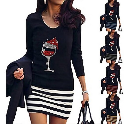 

Women's Christmas Casual Dress Mini Dress Blue Yellow Dark Gray White Black Long Sleeve Striped Print hat Print Fall Winter Crew Neck Casual Mature Loose Fit 2022 S M