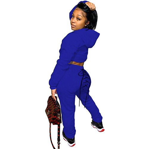

Women's Crop Tracksuit Pants Sets Sweatpants Basic Black Blue Sports Outdoor Casual Solid Color Drawstring Hooded S M L XL XXL