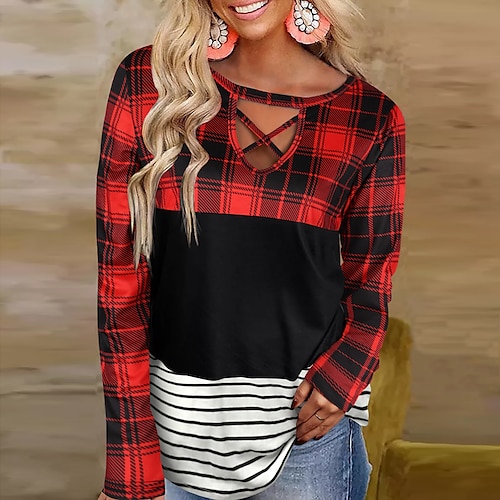 

Women's T shirt Tee claret Black Grey Plaid Color Block Cut Out Print Long Sleeve Christmas Daily Basic Round Neck Regular Painting S