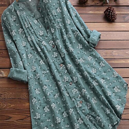 

Women's Blouse Shirt Green Blue White Color Block Flower Patchwork Print Long Sleeve Casual Basic Round Neck Regular M