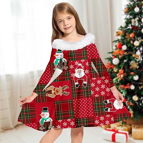 

Kids Girls' Christmas Dress Plaid Casual Dress Above Knee Dress Christmas Gifts Fur Trim Long Sleeve Adorable Dress 2-13 Years Winter Wine