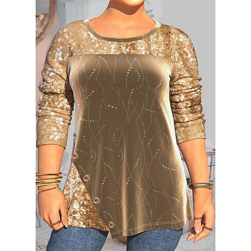 

Women's Plus Size Tops Blouse Graphic Sequins Print Long Sleeve Crewneck Casual Daily Going out Polyester Winter Fall Wine Dark Green