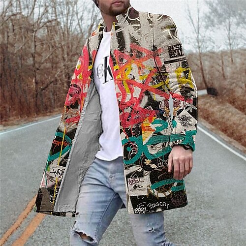 

Men's Coat Warm Work Single Breasted Graffiti 3D Printed Graphic Turndown Fashion Jacket Outerwear Long Sleeve Pocket Fall & Winter