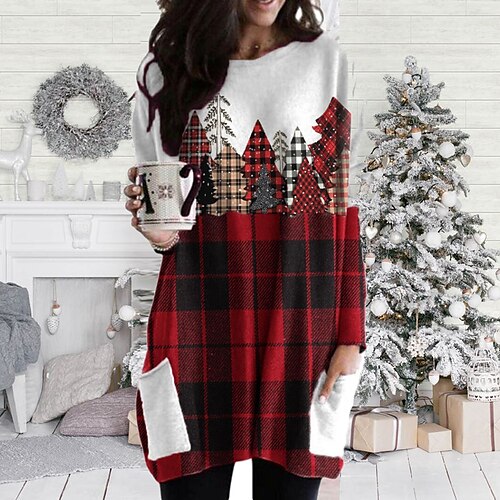 

Women's Christmas Sweatshirt Dress Winter Dress Knee Length Dress Wine Red Long Sleeve Print Pure Color Pocket Print Fall Winter Crew Neck Casual Classic Loose Fit 2022 S M L XL XXL 3XL / Cotton