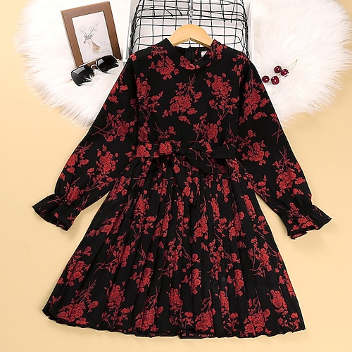 

Kids Girls' Dress Floral A Line Dress Dress School Long Sleeve Active Dress 3-10 Years Winter Black / Cute / Fall