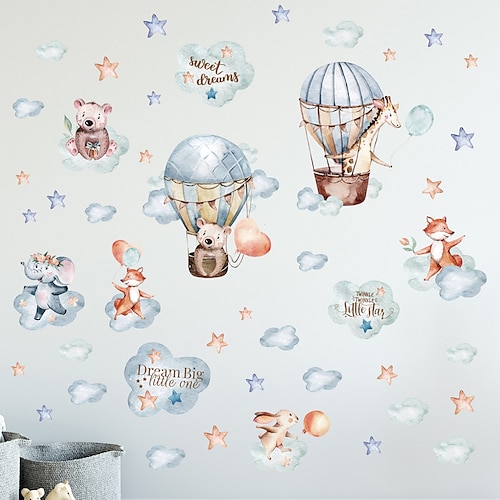 

Etiqueta engomada de la decoración del fondo de la habitación de los niños del hogar de los animales de la historieta de la estrella del globo del aire caliente de la luna de la acuarela del sueño