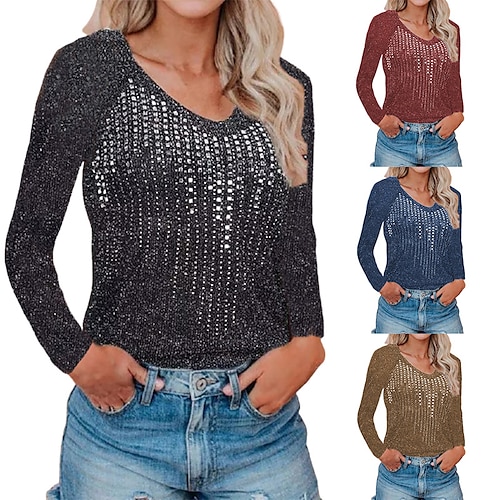 

Women's Blouse Sweater Ribbed Knit Crystal / Rhinestone Solid / Plain Color Classic V Neck Regular Winter Black Blue Red Brown