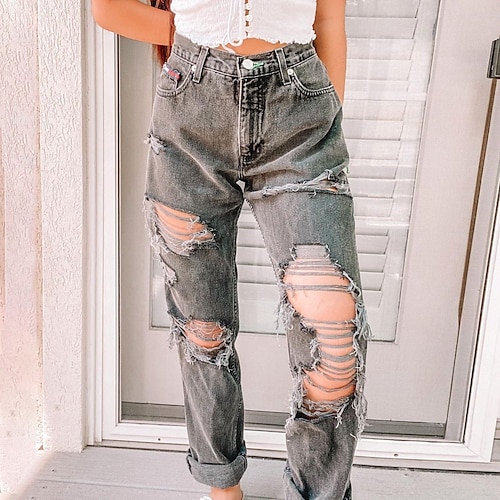 

Women's Jeans Straight Denim Grey High Waist Streetwear Casual Going out Casual Daily Full Length Outdoor Solid Colored S M L XL 2XL