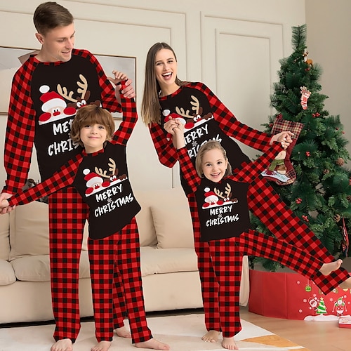 

Christmas Pajamas Ugly Family Letter Elk Home Crewneck Black Long Sleeve Mom Dad and Me Basic Matching Outfits