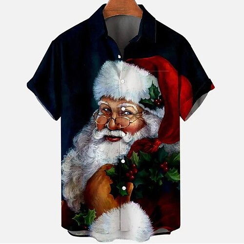 

Men's Shirt Santa Claus Graphic Prints Turndown Green Black Blue Purple Royal Blue 3D Print Christmas Street Short Sleeves Button-Down Print Clothing Apparel Fashion Designer Casual Soft