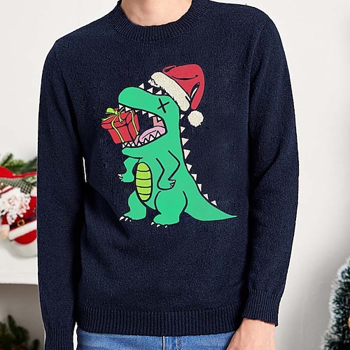 

Men's Sweater Ugly Christmas Sweater Pullover Sweater Jumper Ribbed Knit Cropped Knitted Dinosaur Crew Neck Keep Warm Modern Contemporary Christmas Work Clothing Apparel Fall & Winter Dark Blue S M L