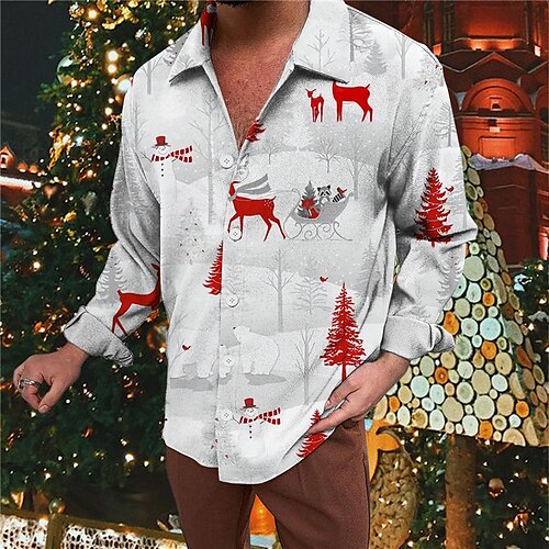 

Men's Shirt Tree Elk Graphic Prints Turndown Green Red 3D Print Christmas Street Long Sleeve Button-Down Print Clothing Apparel Fashion Designer Casual Soft