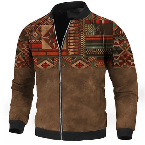 

Men's Coat Warm Sports & Outdoor Zipper Graphic Prints Geometry 3D Printed Graphic Standing Collar Ethnic Style Jacket Outerwear Long Sleeve Zipper Fall & Winter