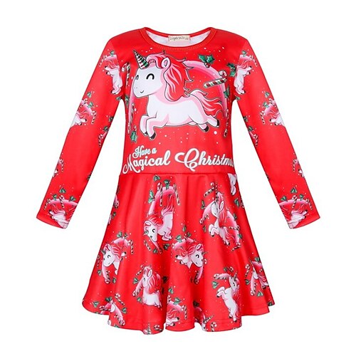 

Kids Girls' Ugly Christmas Dress Unicorn A Line Dress Above Knee Dress Outdoor Cotton Long Sleeve Active Dress 3-7 Years Winter Red