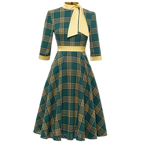 

Women's 1950s Audrey Hepburn Swing Dress 100% Cotton Retro Vintage Stand Collar Bow Flare Dress Royal Stewart Tartan Plaid Dailywear Tea Party 3/4-Length Sleeve Dress