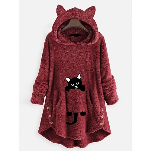 

Women's Cat Ear Fleece Hoodie Tops Sweatshirt Plain Button Pocket Long Sleeve Hooded Casual Teddy Home Daily Winter Fall Windproof Warm