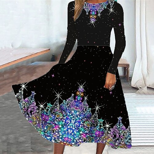 

Women's Casual Dress Swing Dress Midi Dress Black Long Sleeve Christmas Tree Pocket Winter Fall Spring Crew Neck Fashion Christmas Daily Weekend 2022 S M L XL XXL 3XL