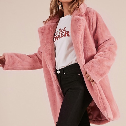 

Women's Faux Fur Coat Warm Breathable Casual Daily Wear Vacation Going out Pocket Cardigan Turndown Active Fashion Comfortable Street Style Solid Color Regular Fit Outerwear Long Sleeve Winter Fall