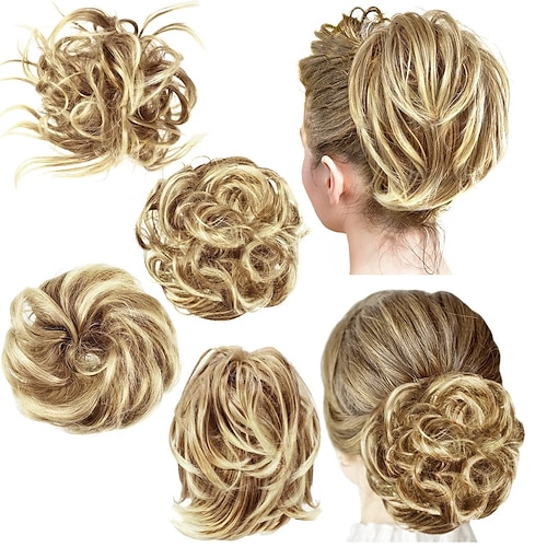 

4 Pcs Messy Hair Bun Straight Hairpiece Tousled Updo for Women Hair Extensions Short Ponytail Elastic Scrunchies Curly Hair Accessories