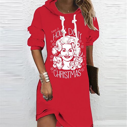 

Women's Christmas Hoodie Dress Shift Dress Mini Dress Red Long Sleeve Letter Print Winter Fall Autumn Hooded Fashion Christmas Daily 2022 S M L XL XXL 3XL