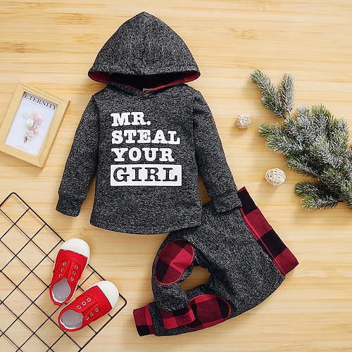 

2 Pieces Toddler Girls' Plaid Hoodie & Pants Set Long Sleeve Active Outdoor 3-7 Years Winter Grey