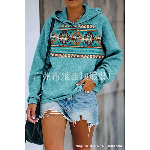 

Women's Hoodie Sweatshirt Pullover Basic Ethnic Green Gray Geometric Street Hoodie Long Sleeve S M L XL 2XL