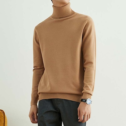 

Men's Sweater Wool Sweater Pullover Ribbed Knit Cropped Knitted Solid Color Turtleneck Keep Warm Modern Contemporary Work Daily Wear Clothing Apparel Fall & Winter Camel Wine S M L