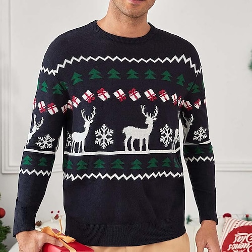 

Men's Sweater Ugly Christmas Sweater Pullover Sweater Jumper Ribbed Knit Cropped Knitted Deer Crew Neck Keep Warm Modern Contemporary Christmas Work Clothing Apparel Fall & Winter Black S M L