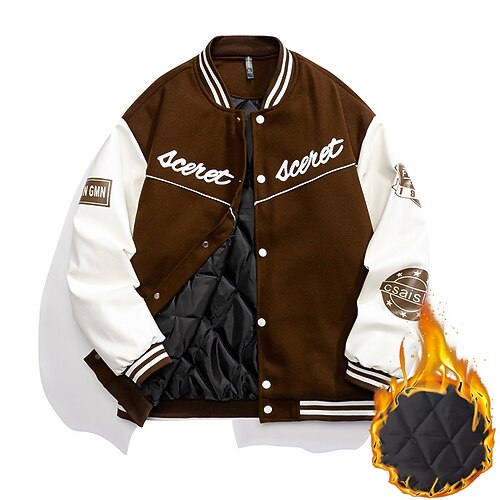 

Men's Winter Jacket Varsity Jacket Warm Daily Wear Vacation Going out Single Breasted Standing Collar Comfort Leisure Jacket Outerwear Color Block Button Pocket Black Green Coffee