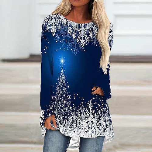

Women's Christmas Casual Dress T Shirt Dress Tee Dress Mini Dress Blue Long Sleeve Snowflake Print Winter Fall Crew Neck Vacation Casual 2022 S M L XL XXL 3XL