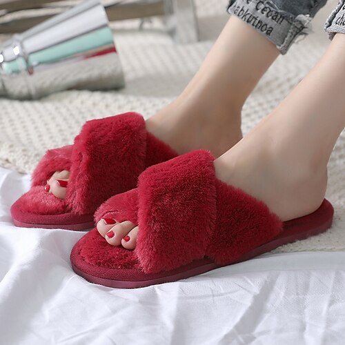 

Women's Slippers Home House Slippers Fleece Slippers Winter Flat Heel Open Toe Casual Polyester Faux Fur Loafer Solid Color Black Rosy Pink Burgundy