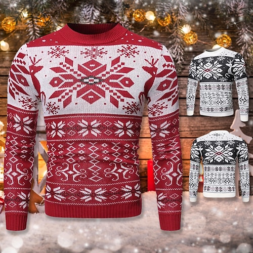 

Men's Ugly Christmas Sweater Pullover Sweater Jumper Ribbed Knit Cropped Knitted Christmas Crew Neck Keep Warm Modern Contemporary Christmas Work Clothing Apparel Winter Spring & Fall Red White S M L