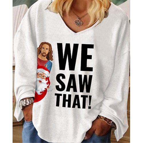 

Women's Plus Size Christmas Tops T shirt Tee Letter Santa Claus Print Long Sleeve V Neck Casual Festival Daily Cotton Spandex Jersey Winter Fall Black And White Black