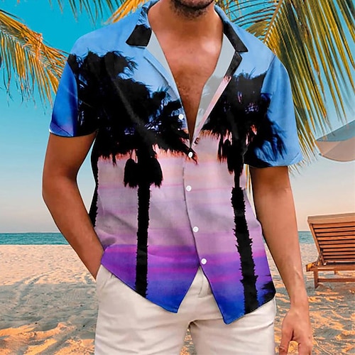 

Men's Shirt Coconut Tree Scenery Graphic Prints Turndown Purple 3D Print Street Casual Short Sleeve Button-Down Print Clothing Apparel Fashion Designer Casual Hawaiian