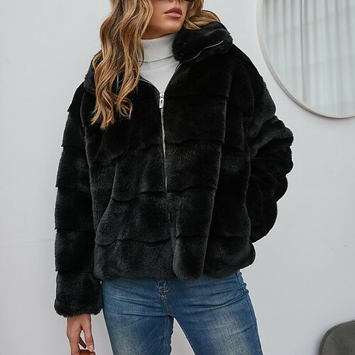 

Women's Teddy Coat Faux Leather Jacket Warm Breathable Outdoor Daily Wear Vacation Going out Zipper Faux Fur Trim Zipper Turndown Elegant Lady Comfortable Solid Color Regular Fit Outerwear Long Sleeve