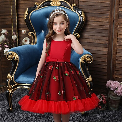 

Kids Girls' Party Dress Sequin A Line Dress Knee-length Dress Performance Embroidered Sleeveless Princess Dress 4-12 Years Winter Red / Fall / Sweet