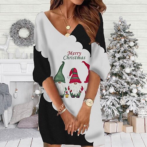 

Women's Christmas Sweatshirt Dress Winter Dress Short Mini Dress Blue Black 3/4 Length Sleeve Letter Print hat Print Fall Winter V Neck Vacation Casual Loose Fit 2022 S M L XL XXL 3XL