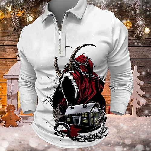 

Men's Collar Polo Shirt Golf Shirt Graphic Prints Turndown White 3D Print Outdoor Christmas Long Sleeve Zipper Print Clothing Apparel Fashion Designer Casual Breathable