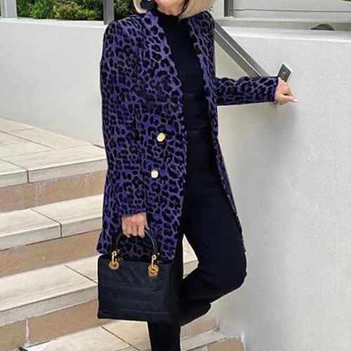 

Women's Coat Windproof Warm Outdoor Work Daily Wear Going out Pocket Print Double Breasted Lapel Fashion Elegant Lady Modern Leopard Regular Fit Outerwear Long Sleeve Winter Fall Purple Khaki S M L