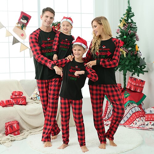 

Christmas Pajamas Family Plaid Letter Home Black Long Sleeve Basic Matching Outfits