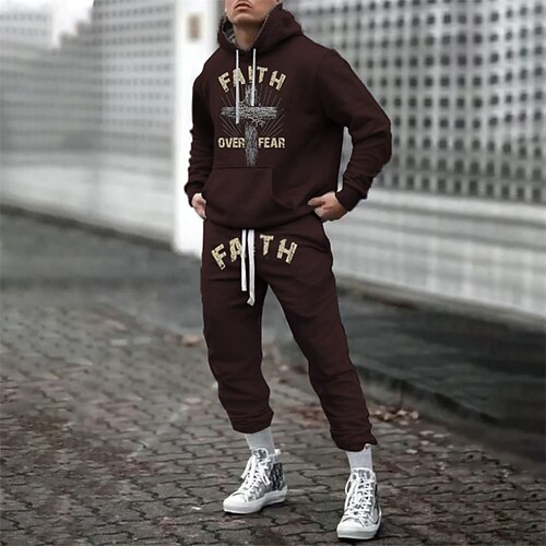 

Men's Tracksuit Sweatsuit Black Blue Khaki Brown Hooded Graphic Letter 2 Piece Print Sports Outdoor Sports Streetwear Hot Stamping Basic Designer Casual Winter Fall Clothing Apparel Hoodies