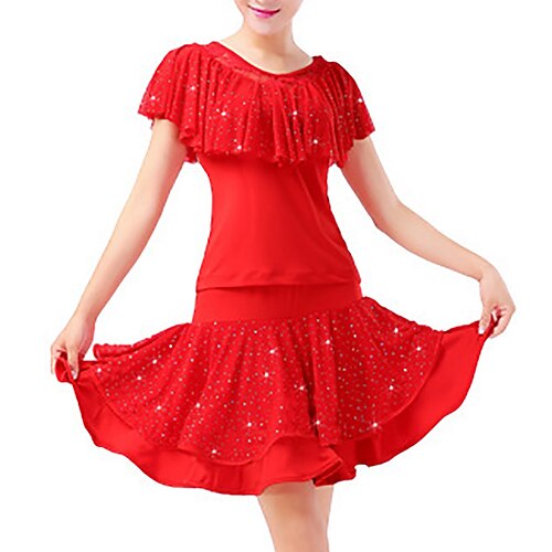 

Latin Dance Ballroom Dance Skirts Ruffles Pure Color Splicing Women's Performance Training Short Sleeve High Polyester