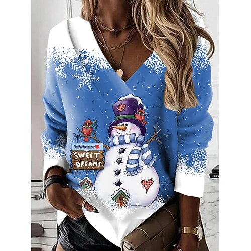 

Women's Sweatshirt Pullover Basic Blue Snowman Christmas V Neck Long Sleeve S M L XL 2XL 3XL
