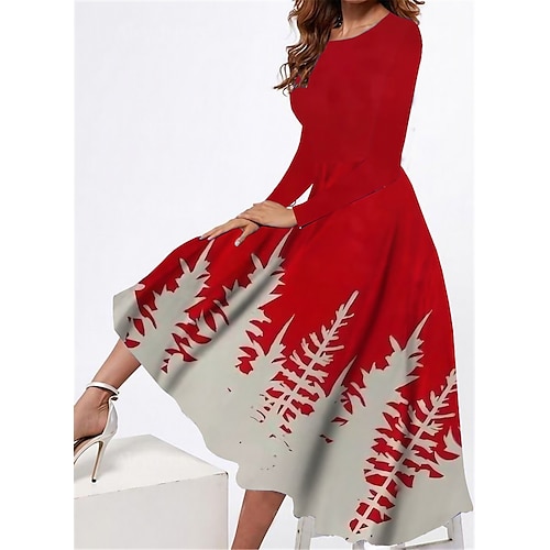 

Women's Casual Dress Swing Dress Midi Dress Wine Long Sleeve Christmas Tree Pocket Winter Fall Autumn Round Neck Fashion Christmas Daily Weekend 2022 S M L XL XXL 3XL