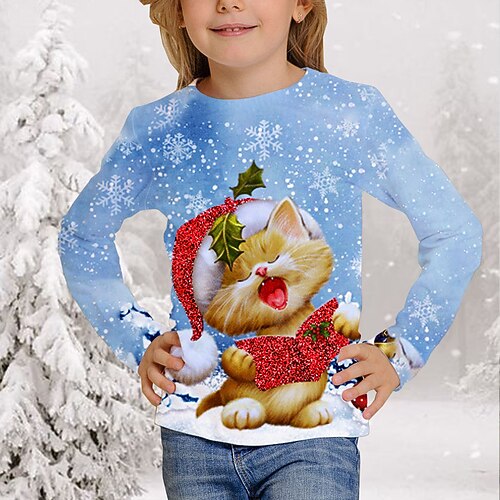 

Kids Girls' Ugly Christmas T shirt Animal Christmas Gifts 3D Printing Long Sleeve Crewneck Cute 7-13 Years Winter Blue