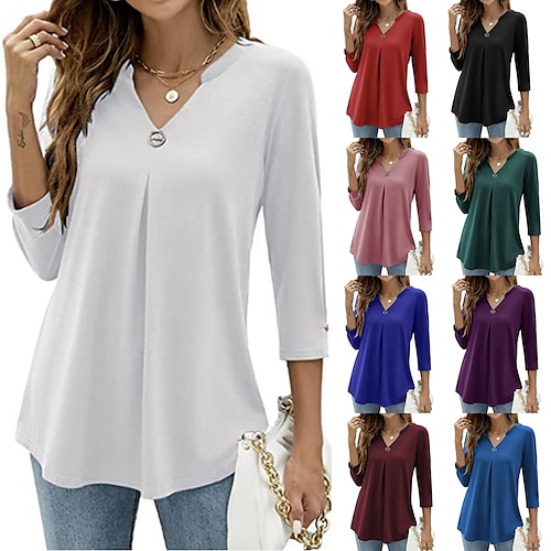 

Women's Blouse Shirt Tunic Green Blue Purple Plain Flowing tunic 3/4 Length Sleeve Daily Weekend Streetwear Casual V Neck Regular S