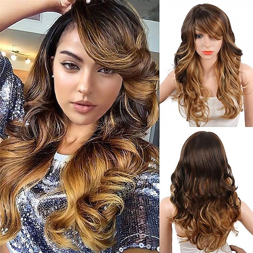 

Ombre Blonde Synthetic Wigs for Black Women Long Natural Wavy Full Synthetic Hair Wigs For Women Side Parting With Bangs Heat Friendly Replacement Wigs 24 Inches Honey