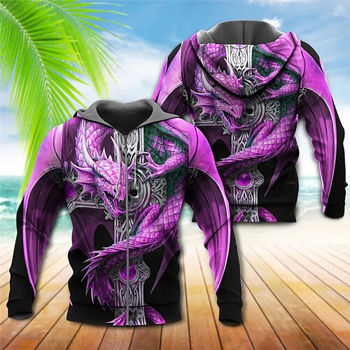 

Men's Full Zip Hoodie Jacket Purple Hooded Dragon Graphic Prints Zipper Print Sports Outdoor Daily Sports 3D Print Streetwear Designer Casual Spring Fall Clothing Apparel Hoodies Sweatshirts